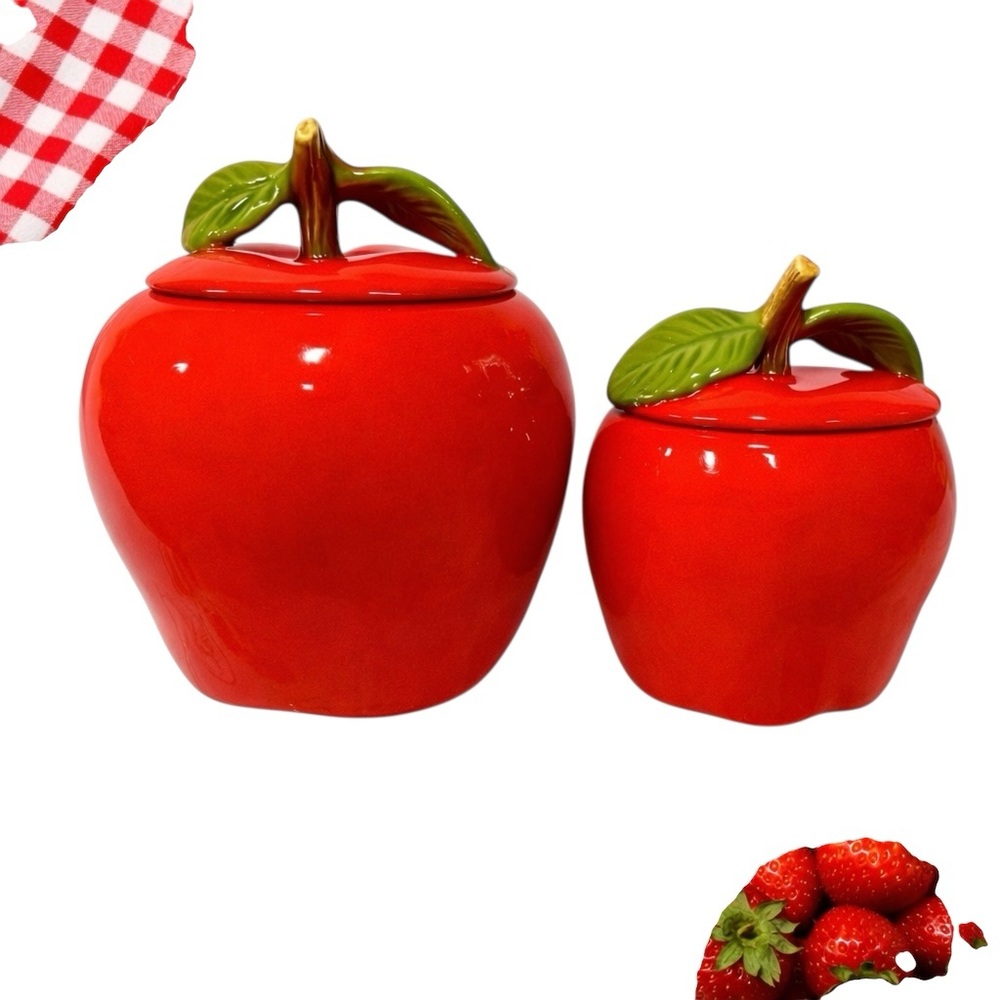 California Pottery Rare Vintage Red Apple Canister Set MCM Ceramic Kitchen Décor